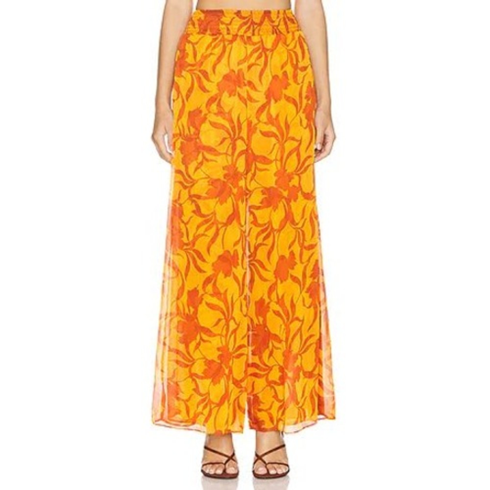 MISA Los Angeles Freda Wide Leg Pants Orange Yellow Floral Smocked XS New